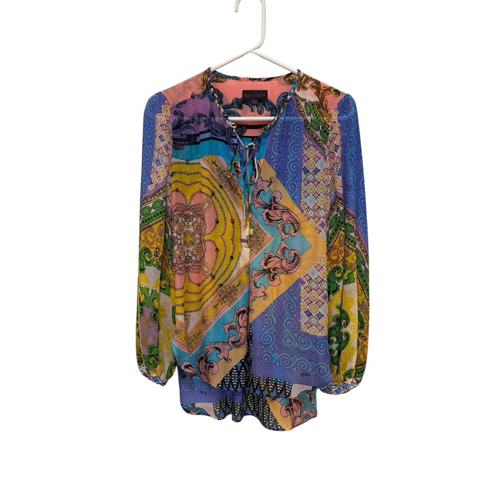 Hale Bob Semi Sheer Silk Blouse Art to Wear Dopamine Boho Luxury Small